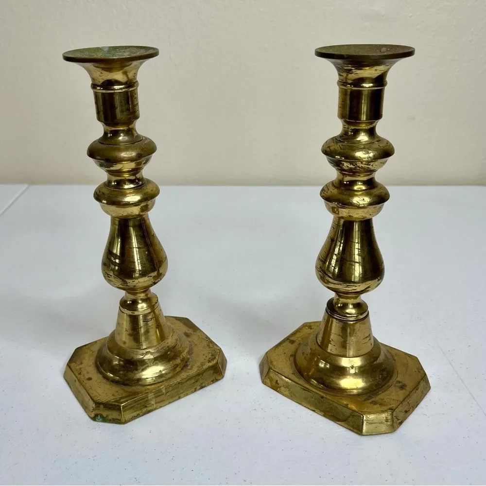 Vintage Pair Brass Candlestick Holders Heavy Patina Set 2 Approx 8.5 Inch Tall